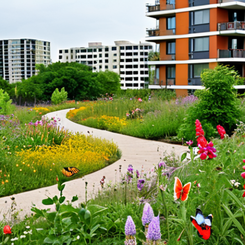Home 6 **
`A vibrant urban park filled with wildflowers, attracting butterflies and bees. In the background, modern apartment buildings have green roofs covered in vegetation. Birds are nesting in shrubs along a walking path. The overall scene evokes a sense of harmony between nature and the city.`
**