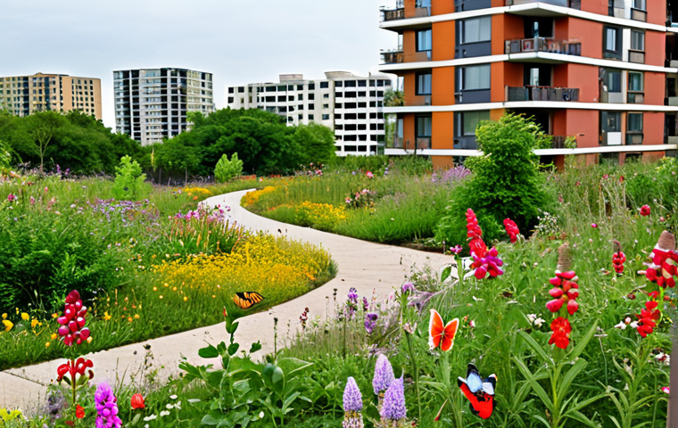**
`A vibrant urban park filled with wildflowers, attracting butterflies and bees. In the background, modern apartment buildings have green roofs covered in vegetation. Birds are nesting in shrubs along a walking path. The overall scene evokes a sense of harmony between nature and the city.`
**